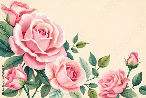 Border made of pink watercolor roses flowers and green leaves, wedding and greeting illustration. Generative AI