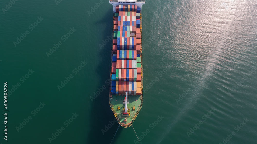 Cargo Ship Carrying Containers in Open Sea, Panoramic Aerial View, Global Business Logistics Transportation by Container Vessel, Import and Export Freight Shipping Commercial Trade. Generative AI Cargo Ship Carrying Containers in Open Sea, Panoramic Aerial View, Global Business Logistics Transportation by Container Vessel, Import and Export Freight Shipping Commercial Trade. Generative AI