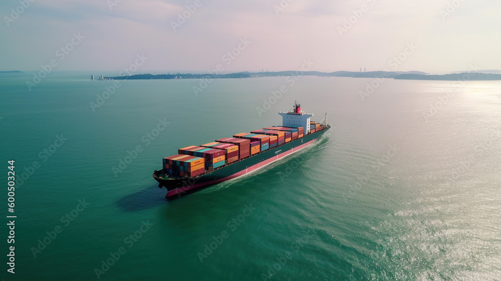 Cargo Ship Carrying Containers in Open Sea, Panoramic Aerial View, Global Business Logistics Transportation by Container Vessel, Import and Export Freight Shipping Commercial Trade. Generative AI