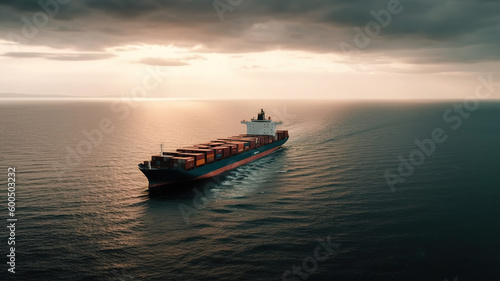 Cargo Ship Carrying Containers in Open Sea, Panoramic Aerial View, Global Business Logistics Transportation by Container Vessel, Import and Export Freight Shipping Commercial Trade. Generative AI