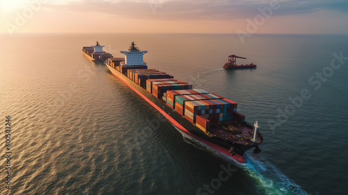 Cargo Ship Carrying Containers in Open Sea, Panoramic Aerial View, Global Business Logistics Transportation by Container Vessel, Import and Export Freight Shipping Commercial Trade. Generative AI