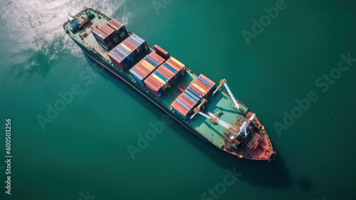 Cargo Ship Carrying Containers in Open Sea, Panoramic Aerial View, Global Business Logistics Transportation by Container Vessel, Import and Export Freight Shipping Commercial Trade. Generative AI