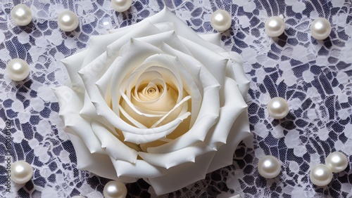 Timeless Elegance: A Delicate Touch of White Lace and Pearls on a Grey Background photo