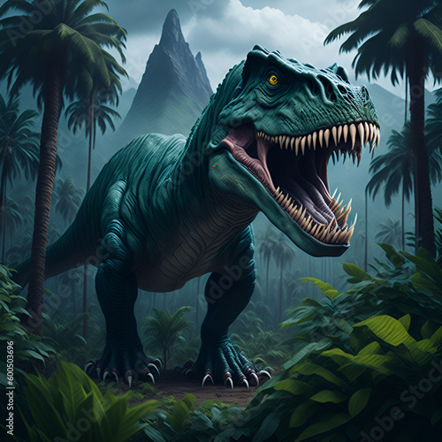 A majestic, roaring Tyrannosaurus Rex, surrounded by a lush prehistoric jungle