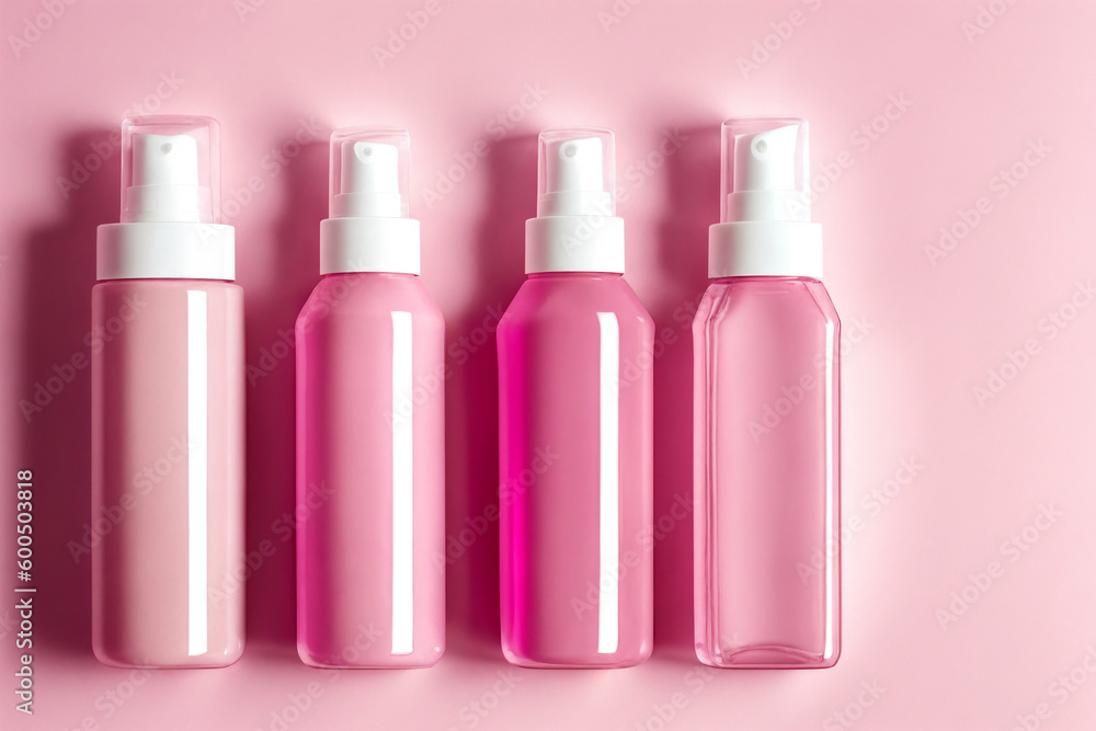 A perfume or a bottle for cosmetics on a pink background. Generative AI. A perfume or a bottle for cosmetics on a pink background. Generative AI.