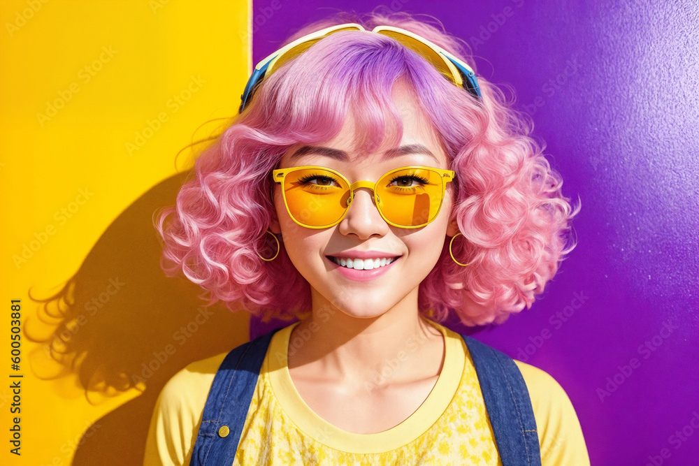 Portrait of a young asian girl with pink hair and sunglasses on abstract colorful painted wall background, summer vibrancy. Generative AI.