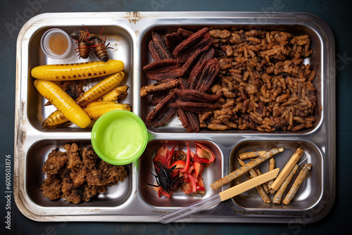 Overhead shot school lunch tray of cooked insects and bugs school food Generative AI © PaulShlykov
