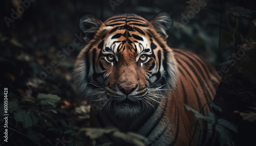 Majestic Bengal tiger staring fiercely at camera generated by AI