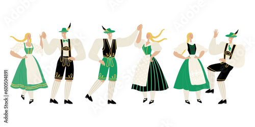 Couples in folk Bavarian costumes. Set of vector illustrations of men and women dancing traditional German dances.