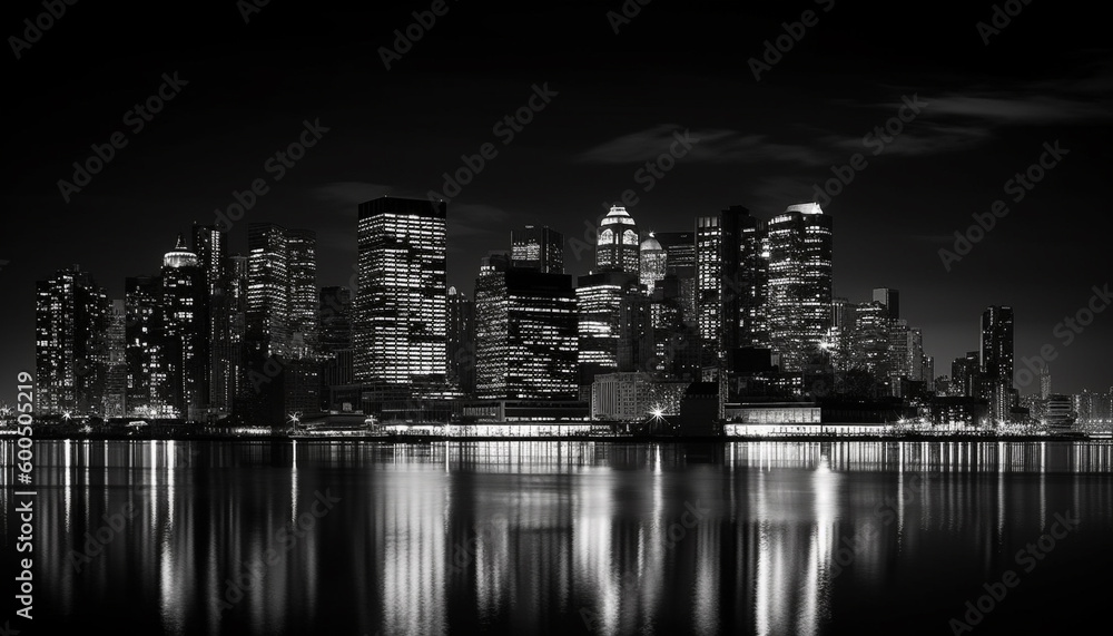 Dark city skyline reflects on waterfront at dusk generated by AI