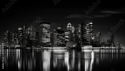 Dark city skyline reflects on waterfront at dusk generated by AI © djvstock
