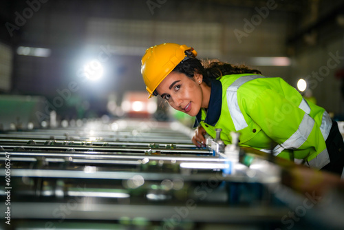 Factory engineer Brazilian woman checking and reparing mahine at heavy factory.Worker works at heavy machine at industry factory. with machinery equipment plant technology. photo