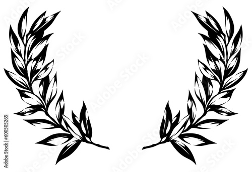 Laurel wreath. Black and white flower frame. Two branches with leaves. Isolated botanical decorative frame.