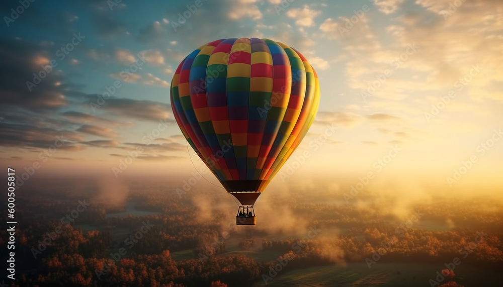 Fototapeta premium Colorful balloon soars over mountain range at dawn generated by AI