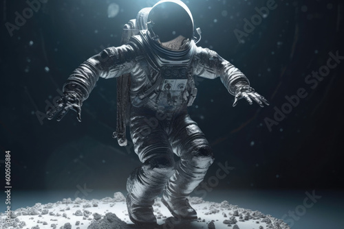 An astronaut in a spacesuit performing a dance in a secret location. Generative AI © barmaleeva