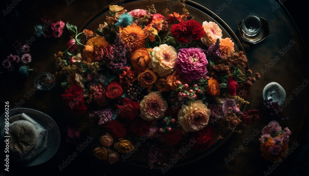 Ornate bouquet of multi colored flowers on table generated by AI