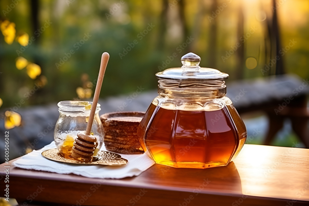 Honey of golden colors in glass jars closeup, AI generative content. Honey of golden colors in glass jars closeup, AI generative content.
