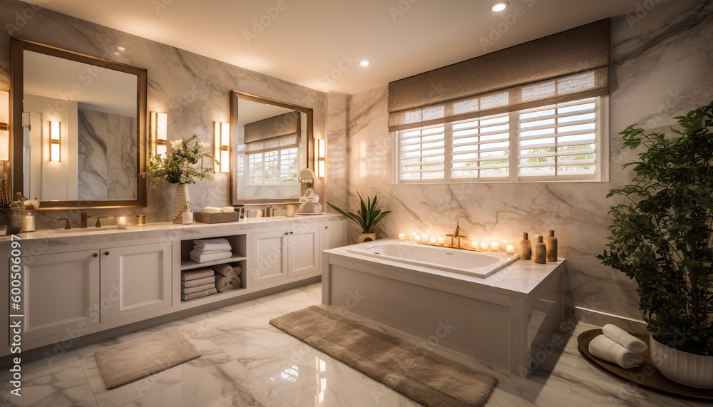 Luxury bathroom with marble flooring and illuminated sink generated by AI Luxury bathroom with marble flooring and illuminated sink generated by AI