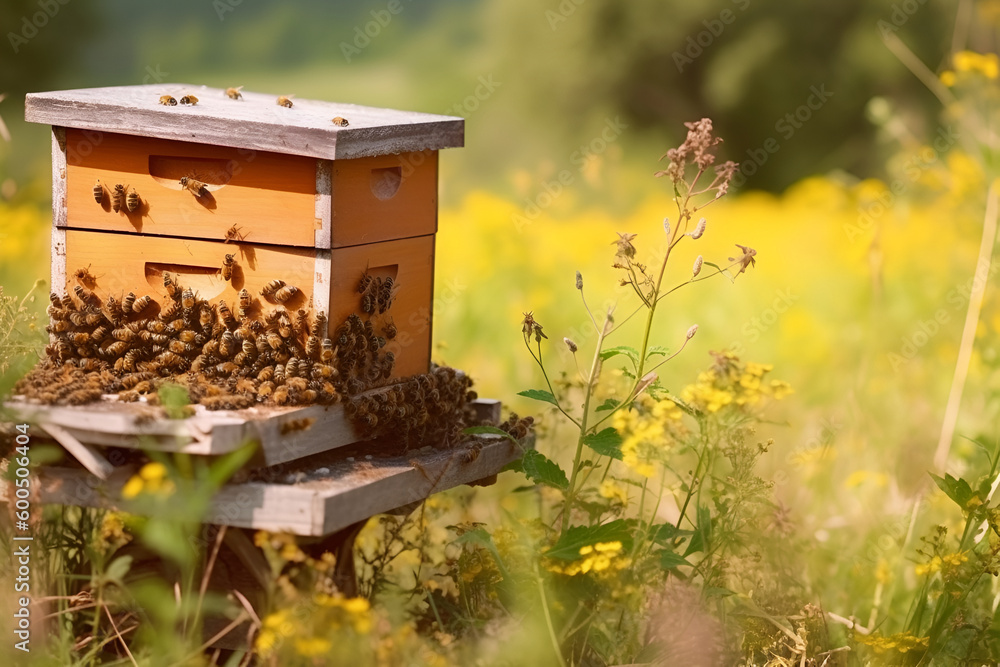 Beehive with bee colony in a meadow in summer, honey production, generative AI. Beehive with bee colony in a meadow in summer, honey production, generative AI.