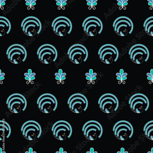 seamless repeat pattern with beautiful hand drawn peacock motif and floral motif, with blue and teal colors on a black background perfect for fabric, scrap booking, wallpaper, gift wrap projects
