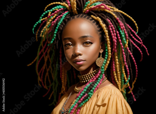 Beautiful African American girl with dreadlocks. Generative AI.