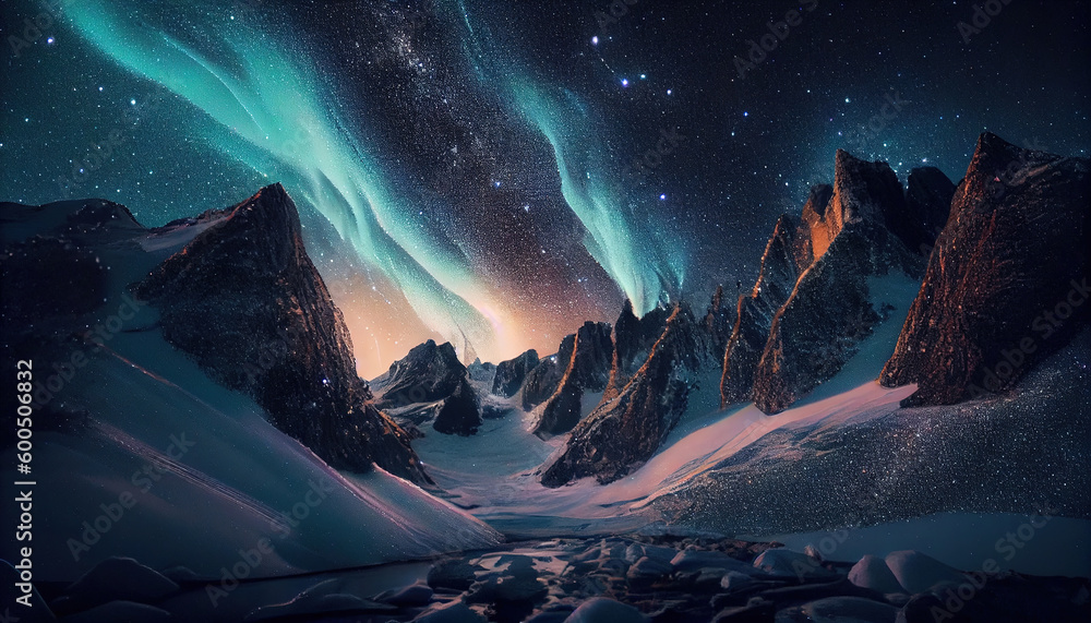 Valley of The Morning Star With Galaxy Stars and Aurora Borealis in Sky Landscape Background AI Generative