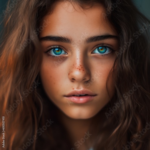 Closeup shot of a woman face with calm expression, model, blue eyes, beauty ai, ai generative, illustration © ME_Photography