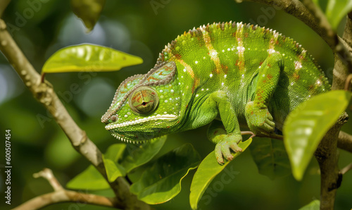 Picture of a green chameleon doing camouflage on a tree branch. Generative AI