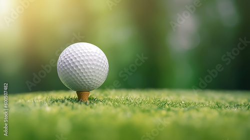 Close-up golf ball on tee with blur green bokeh background. Generative Ai