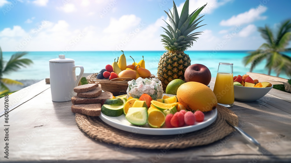 Luxury breakfast table beautiful tropical sea sky background. Generative Ai Luxury breakfast table beautiful tropical sea sky background. Generative Ai
