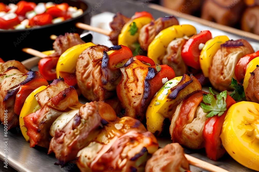 Generative AI. Grilled pork kebab with vegetables Generative AI. Grilled pork kebab with vegetables