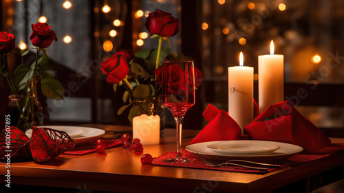romantic dinner setup, red decoration with candle light in a restaurant. Generative Ai photo