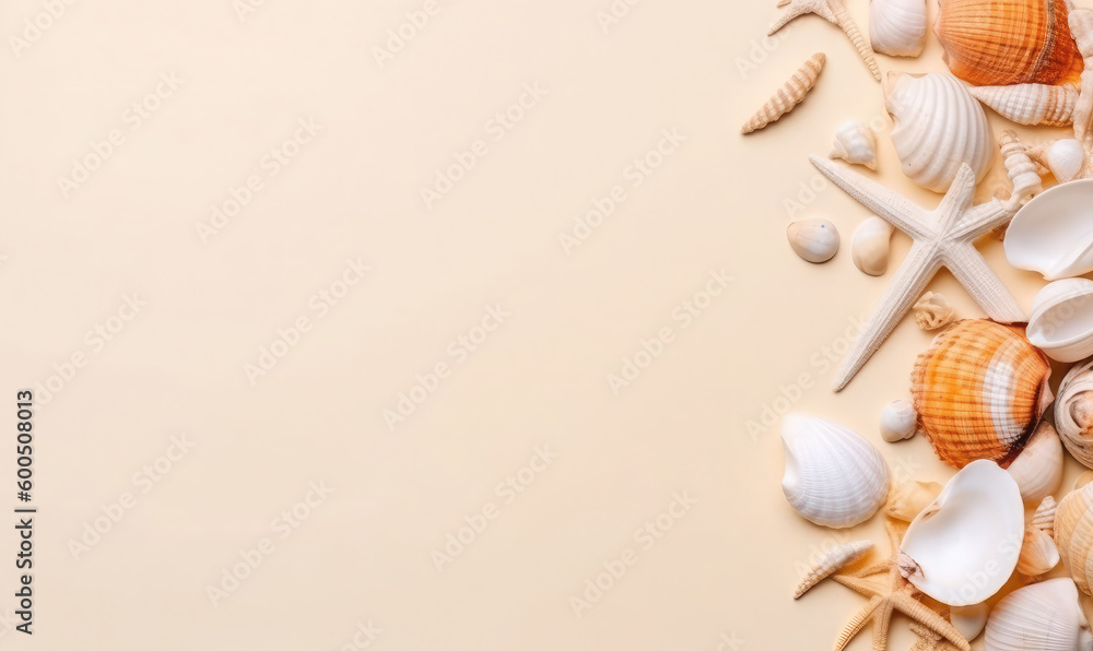 Seashells on the sand. Copy space summer themed background. Generative AI