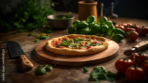 Homemade pizza with tomatoes and basil  generative AI.