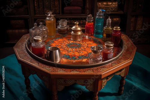 Moroccan Tea Table - Morocco - A low, round table with a metal base and a patterned ceramic or glass top, used in Moroccan homes to serve tea and snacks to guests (Generative AI)