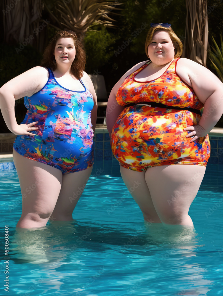 Two Fat Girls In A Bikini Posing In Front Of A Pool Generative AI 