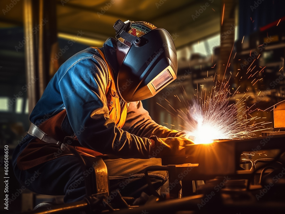 Welder in protective iron mask, helmet is welding automotive steel parts, blur factory background. Concept for industrial manufacturing. Generative AI Welder in protective iron mask, helmet is welding automotive steel parts, blur factory background. Concept for industrial manufacturing. Generative AI