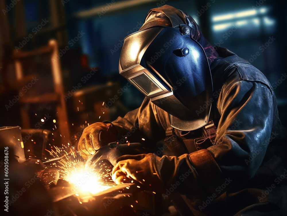 Welder in protective iron mask, helmet is welding automotive steel parts, blur factory background. Concept for industrial manufacturing. Generative AI