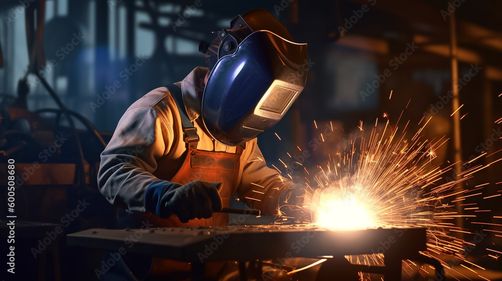 Welder in protective iron mask, helmet is welding automotive steel parts, blur factory background. Concept for industrial manufacturing. Generative AI Welder in protective iron mask, helmet is welding automotive steel parts, blur factory background. Concept for industrial manufacturing. Generative AI