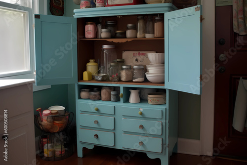 Hoosier Cabinet - United States - A free-standing kitchen cabinet with multiple shelves, drawers, and compartments, popularized in the United States in the early 20th century (Generative AI) photo