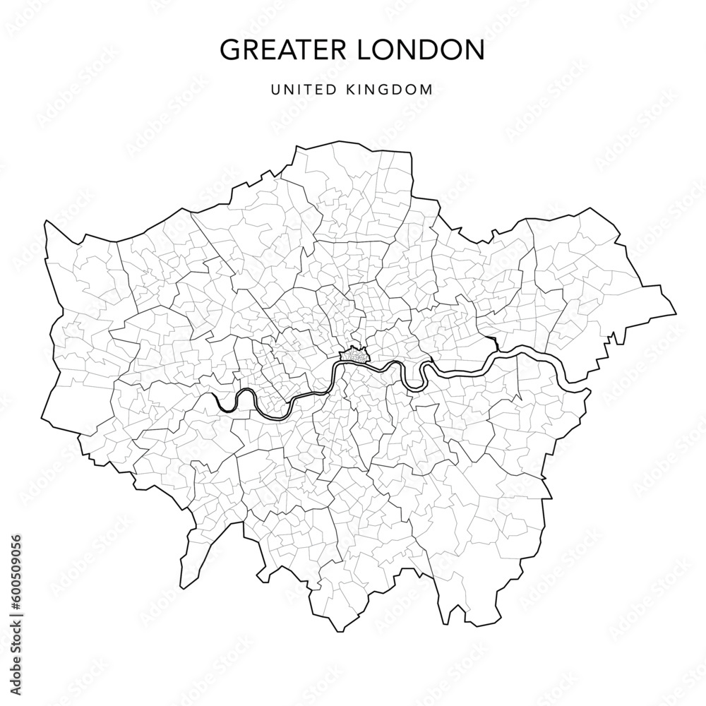 Administrative Map of the Greater London and the City of London with Ceremonial Counties, London Boroughs, and Wards as of 2023 - United Kingdom, England - Vector Map