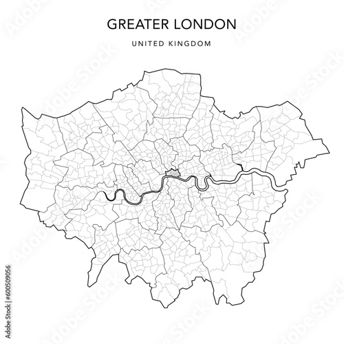Administrative Map of the Greater London and the City of London with Ceremonial Counties, London Boroughs, and Wards as of 2023 - United Kingdom, England - Vector Map photo