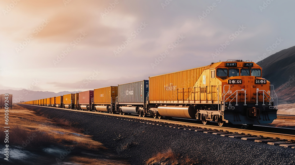 Container Freight Train with cloudy sky. Generative Ai Container Freight Train with cloudy sky. Generative Ai