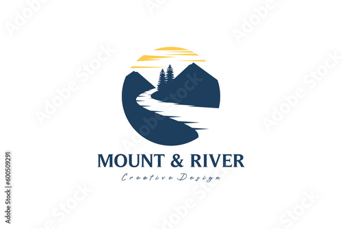 Vector silhouette of mountains with river logo illustration design, river and mountain logo in panoramic circle