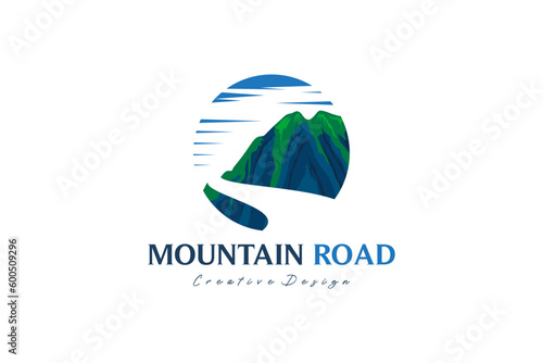 Vector silhouette of mountains with road logo illustration design, river and mountain logo in panoramic circle