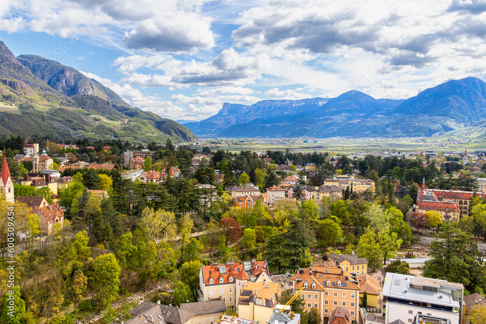 View over cityscape of Merano, South tyrol, Italy seen from famous hiking trail Tappeinerweg