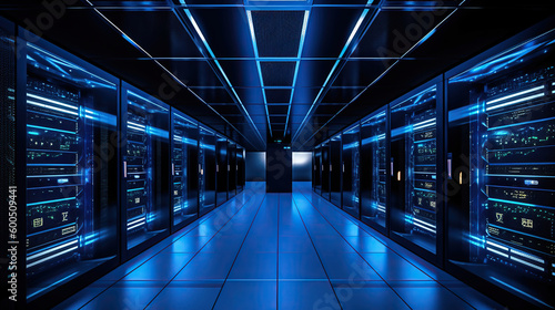 dark blue servers data center room and storage systems. Generative Ai