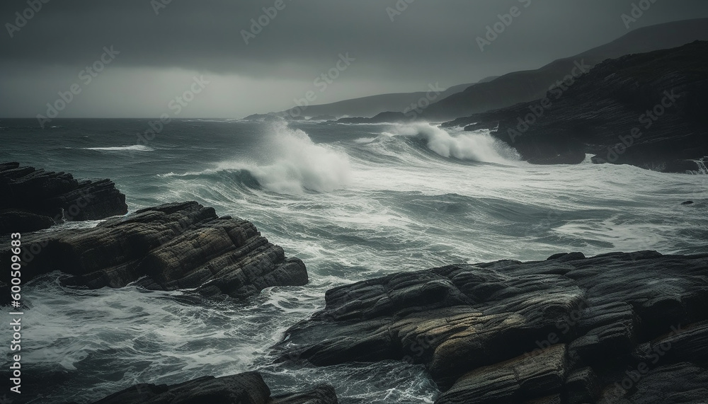 Breaking wave crashes against rocky coastline, spray splashing generated by AI