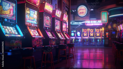 Entertainment area illuminated with casino machines at night. Generative Ai