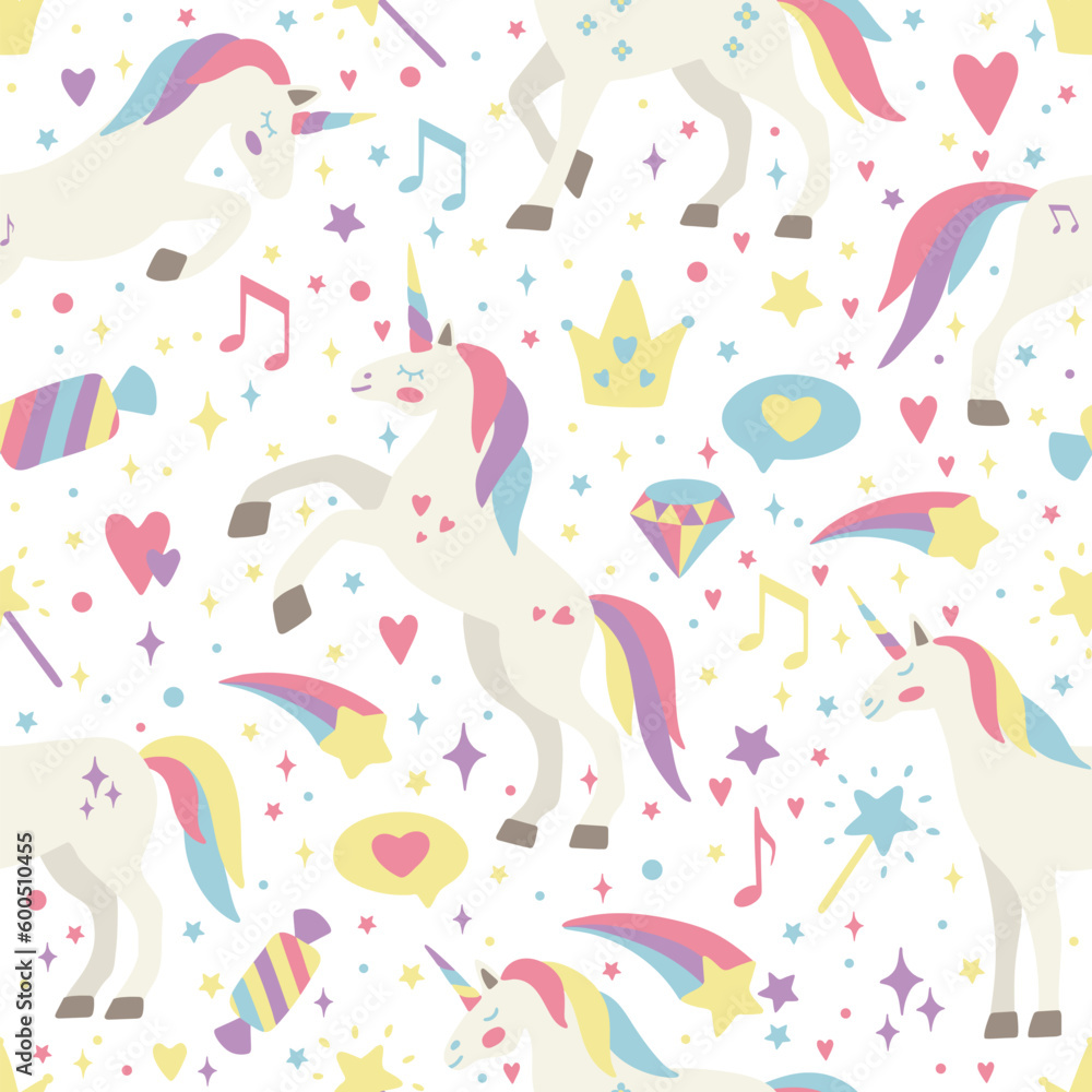 Fototapeta premium Seamless vector pattern with cute unicorns on a floral background. Ideal for textiles, wallpapers or prints.